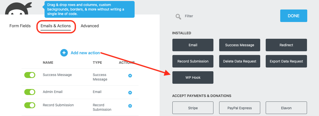 image of the Emails and Actions tab of the form builder with Add New action and the WP Hook action highlighted within the actions window
